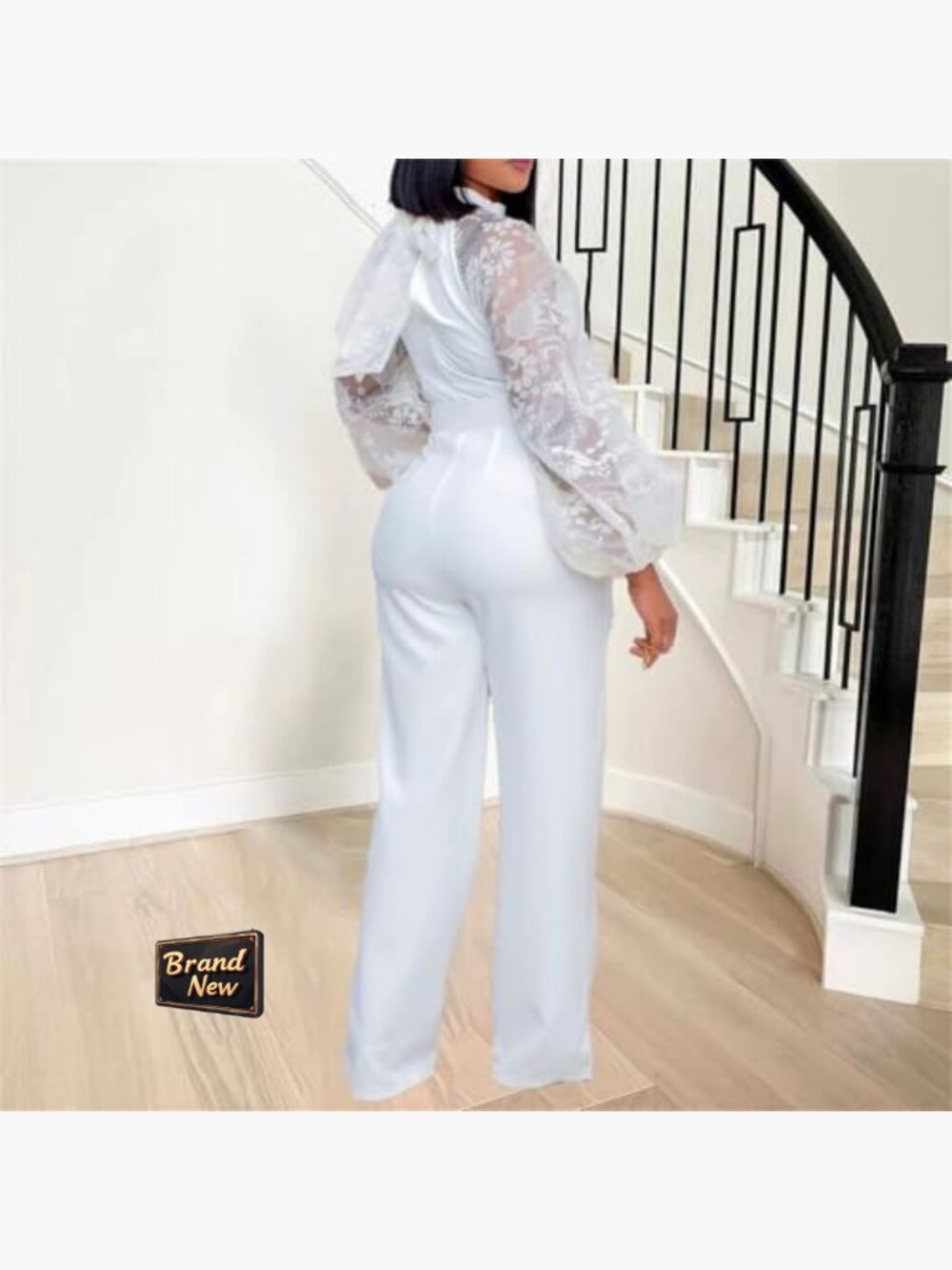 Lantern Sleeve Jumpsuit Formal Belted High Neck Polyester Wedding Guest - Picture 6 of 7